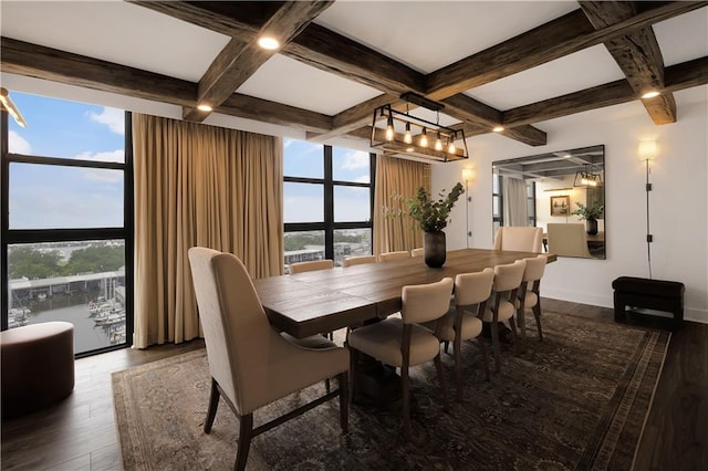 300 Lake Marina Ave Unit 14Dbw, New Orleans, LA 70124 - dining room with coffered ceiling, wood finished floors, a chandelier, and beam ceiling