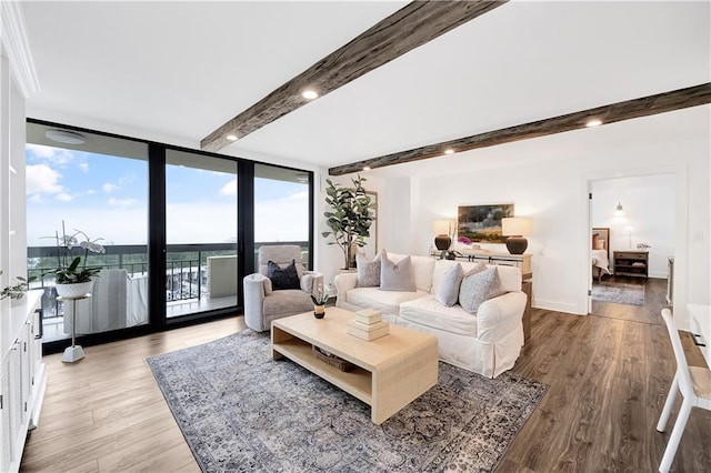 300 Lake Marina Ave Unit 14Dbw, New Orleans, LA 70124 - living area with a wall of windows, light wood-style floors, and beam ceiling
