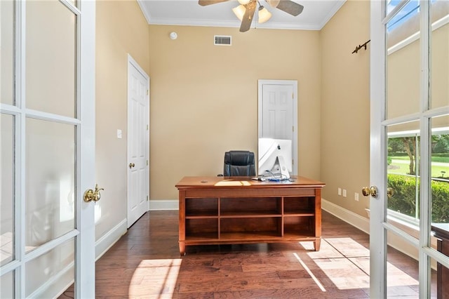 412 Aspen Ln, Covington, LA 70433 - office area with crown molding, a ceiling fan, wood finished floors, and a high ceiling