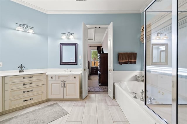412 Aspen Ln, Covington, LA 70433 - bathroom featuring vanity, a bath, ornamental molding, and connected bathroom