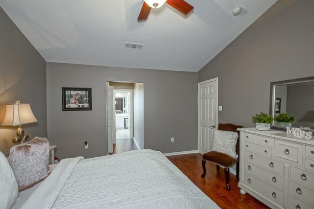 784 Lakeview Ln, Covington, LA 70435 - bedroom with dark wood-style flooring, lofted ceiling, and a ceiling fan