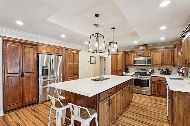 540 N 8th St, Ponchatoula, LA 70454 - kitchen featuring stainless steel appliances, a tray ceiling, a center island, light wood-style floors, and light countertops