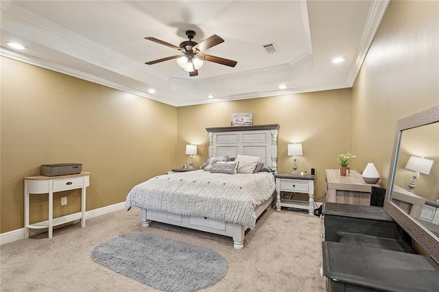 540 N 8th St, Ponchatoula, LA 70454 - carpeted bedroom with ornamental molding, a tray ceiling, recessed lighting, and a ceiling fan