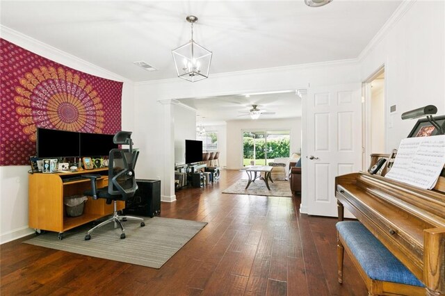 3514 Bore St, Metairie, LA 70001 - office featuring a chandelier, wood-type flooring, crown molding, and ceiling fan