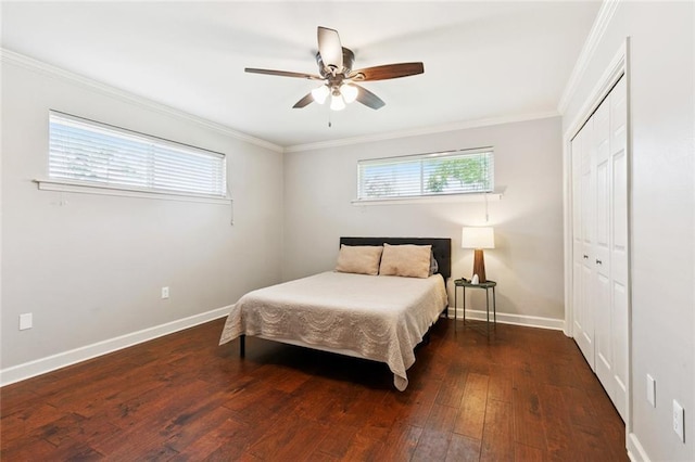3514 Bore St, Metairie, LA 70001 - bedroom with a closet, wood-type flooring, ornamental molding, and ceiling fan