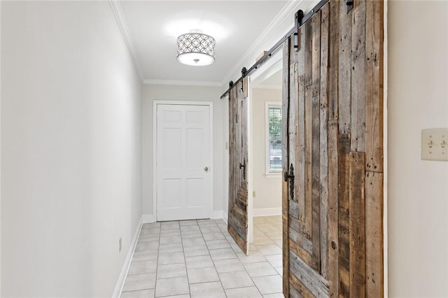 4827 Utica St, Metairie, LA 70006 - hallway featuring a barn door, crown molding, and light tile patterned flooring