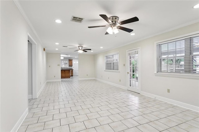 4827 Utica St, Metairie, LA 70006 - unfurnished living room featuring ornamental molding, ceiling fan, recessed lighting, and light tile patterned flooring