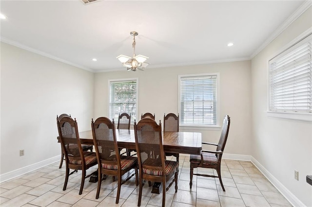 4827 Utica St, Metairie, LA 70006 - dining room featuring a chandelier, light tile patterned floors, crown molding, and recessed lighting