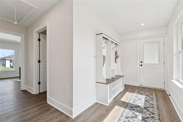 1109 Manson St, Metairie, LA 70001 - mudroom featuring attic access, wood finished floors, and recessed lighting