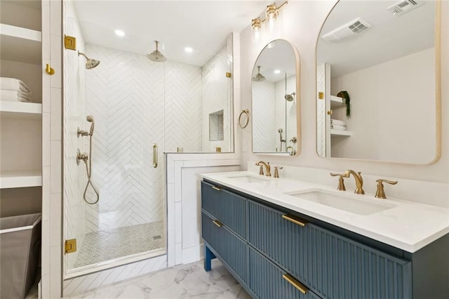 1109 Manson St, Metairie, LA 70001 - full bathroom featuring marble finish floors, a shower stall, double vanity, and recessed lighting