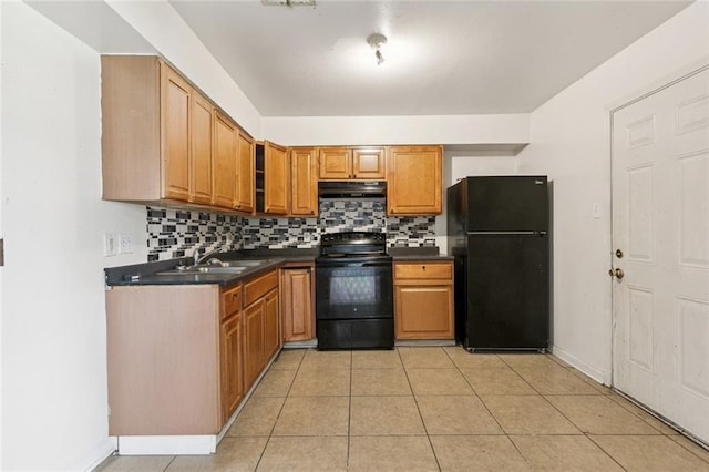 484951 Viola St, New Orleans, LA 70126 - kitchen with black appliances, ventilation hood, dark countertops, backsplash, and brown cabinets