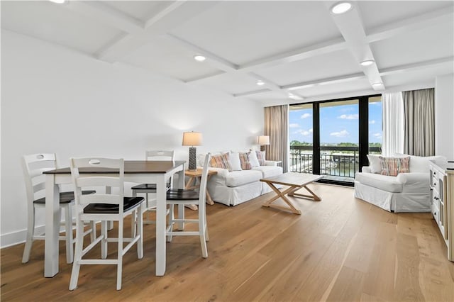 300 Lake Marina Ave Unit 7-C, New Orleans, LA 70124 - living room featuring coffered ceiling, light wood-type flooring, beamed ceiling, and recessed lighting