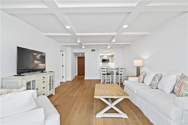 300 Lake Marina Ave Unit 7-C, New Orleans, LA 70124 - living area featuring coffered ceiling, beamed ceiling, light wood-style floors, and recessed lighting