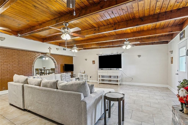 1929 Jean Lafitte Blvd, Lafitte, LA 70067 - living area featuring a ceiling fan, a wooden ceiling with exposed beams, light tile patterned floors, and brick wall