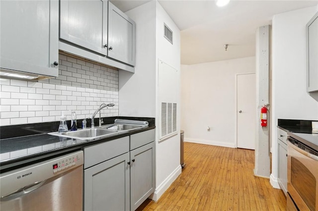 920 Poeyfarre St Unit 326, New Orleans, LA 70130 - kitchen featuring stainless steel dishwasher, electric range oven, dark countertops, gray cabinetry, and light wood-style floors