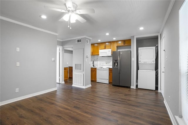 4218 Hessmer Ave Unit 217, Metairie, LA 70002 - kitchen with white appliances, stacked washer and clothes dryer, recessed lighting, ceiling fan, and crown molding