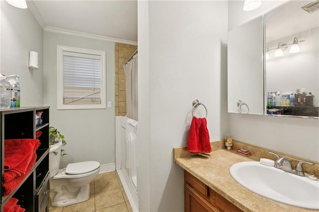 212 7th St, Bridge City, LA 70094 - full bathroom featuring vanity, ornamental molding, tile patterned flooring, and curtained shower