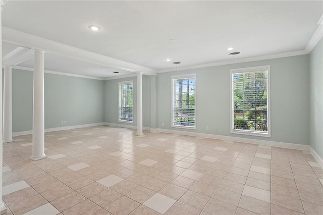 124 N Dr, Covington, LA 70433 - unfurnished room featuring decorative columns, ornamental molding, light tile patterned floors, and recessed lighting