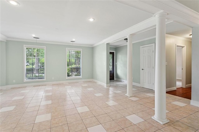 124 N Dr, Covington, LA 70433 - empty room featuring ornate columns, light tile patterned flooring, crown molding, and recessed lighting