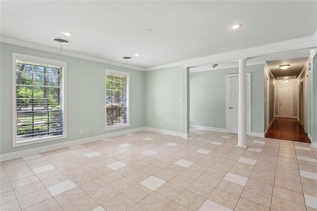 124 N Dr, Covington, LA 70433 - empty room featuring ornamental molding, light tile patterned floors, recessed lighting, and ornate columns