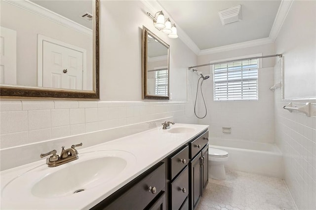 124 N Dr, Covington, LA 70433 - bathroom with tile walls,  shower combination, double vanity, crown molding, and a wainscoted wall