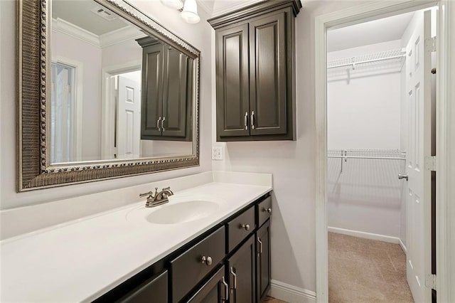 124 N Dr, Covington, LA 70433 - bathroom with vanity, crown molding, and a spacious closet