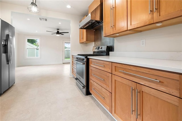3821 Bauvais St, Metairie, LA 70001 - kitchen with exhaust hood, appliances with stainless steel finishes, a ceiling fan, light countertops, and recessed lighting