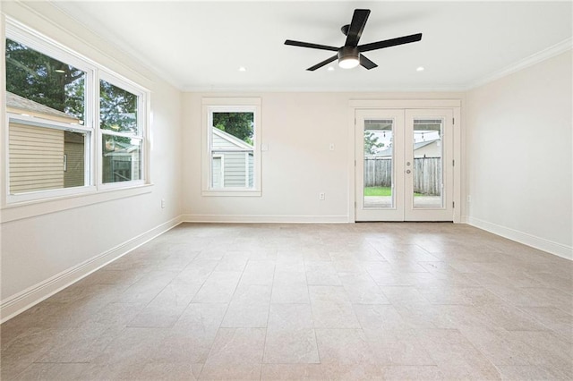3821 Bauvais St, Metairie, LA 70001 - unfurnished room with plenty of natural light, ornamental molding, french doors, a ceiling fan, and recessed lighting