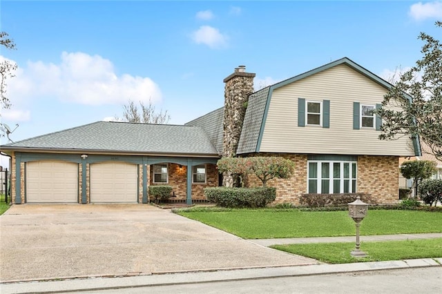 4480 Lennox Blvd, New Orleans, LA 70131 - view of front facade with brick siding, a garage, driveway, a front lawn, and a chimney