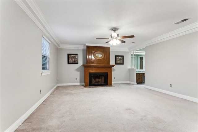 4480 Lennox Blvd, New Orleans, LA 70131 - unfurnished living room with a ceiling fan, crown molding, a fireplace, and light colored carpet