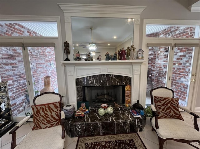 725 Marlene Dr, Gretna, LA 70056 - detailed view of a premium fireplace, ornamental molding, and ceiling fan