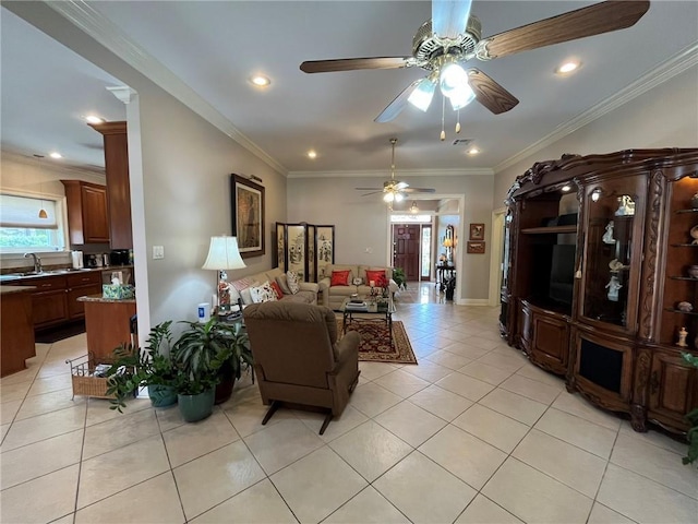 725 Marlene Dr, Gretna, LA 70056 - living area featuring light tile patterned floors, a ceiling fan, ornamental molding, and recessed lighting