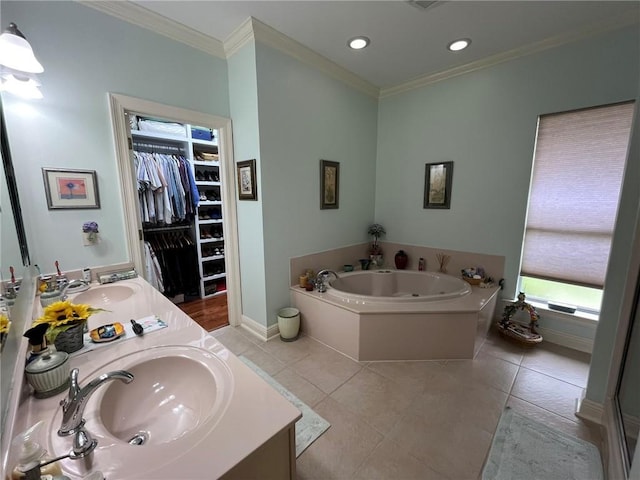 725 Marlene Dr, Gretna, LA 70056 - bathroom with a bath, double vanity, ornamental molding, tile patterned flooring, and a spacious closet