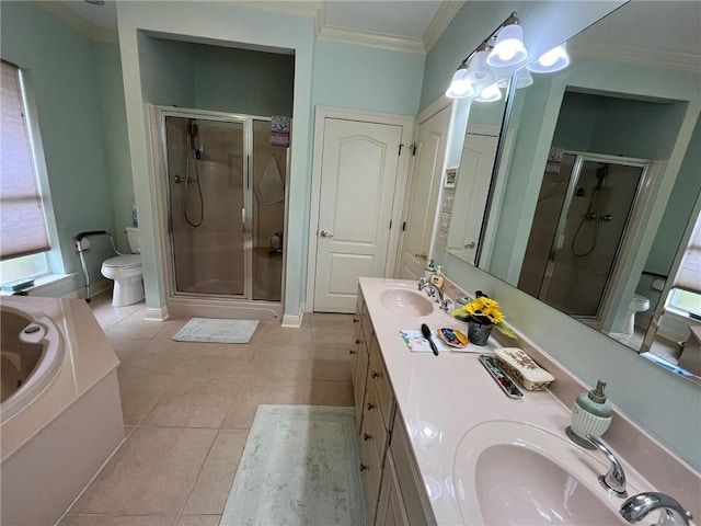 725 Marlene Dr, Gretna, LA 70056 - bathroom featuring a shower stall, ornamental molding, tile patterned floors, double vanity, and a bath