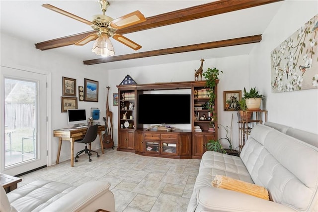 872 Bellemeade Blvd, Gretna, LA 70056 - living room with beam ceiling, a ceiling fan, and an office area