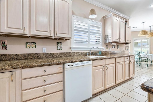 3913 Lake Providence Dr, Harvey, LA 70058 - kitchen with dishwasher, light tile patterned floors, ornamental molding, and hanging light fixtures