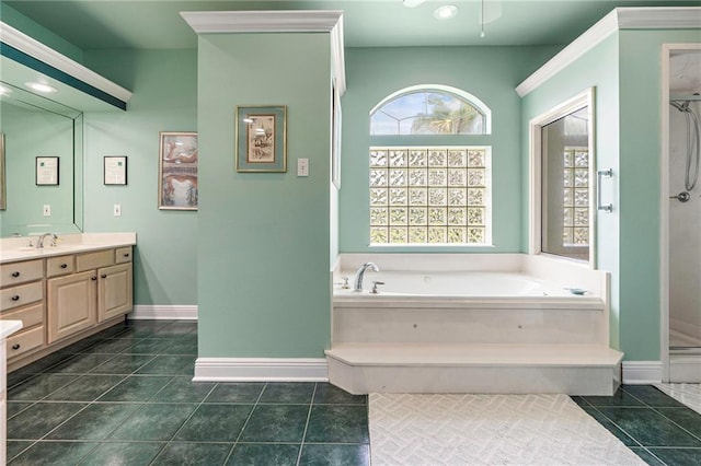 3913 Lake Providence Dr, Harvey, LA 70058 - bathroom featuring vanity, a garden tub, a shower stall, tile patterned floors, and recessed lighting