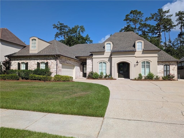 11 Mark Smith Dr, Mandeville, LA 70471 - french country home with concrete driveway, a garage, a front lawn, stucco siding, and a shingled roof