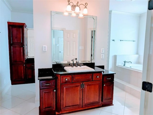 11 Mark Smith Dr, Mandeville, LA 70471 - full bathroom featuring ornamental molding, vanity, a garden tub, tile patterned flooring, and a chandelier