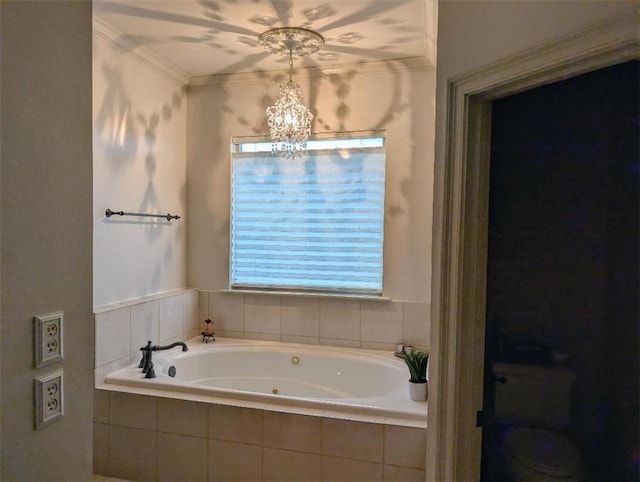 11 Mark Smith Dr, Mandeville, LA 70471 - full bath with a chandelier, a tub with jets, and crown molding