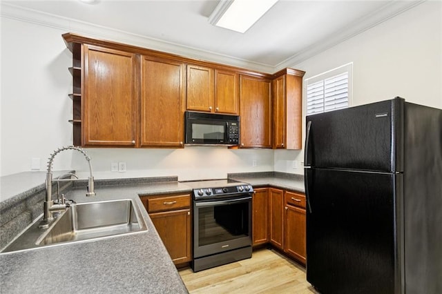4512 Pontchartrain Dr Unit 2, Slidell, LA 70458 - kitchen featuring black appliances, open shelves, ornamental molding, and brown cabinetry