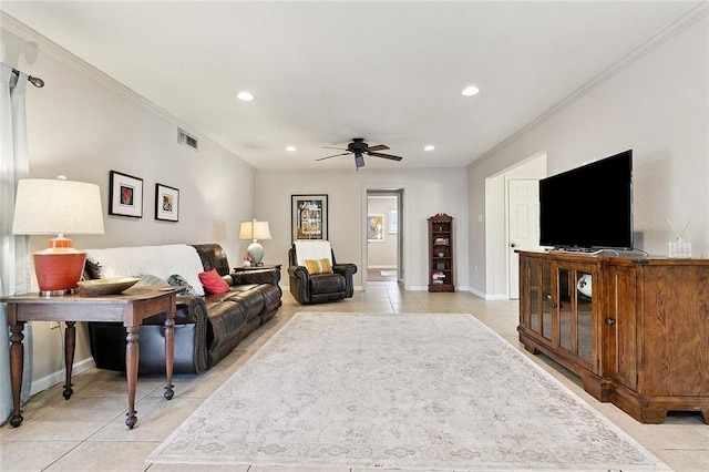 1109 Andrews Ave, Metairie, LA 70005 - living area featuring light tile patterned flooring, ceiling fan, recessed lighting, and ornamental molding