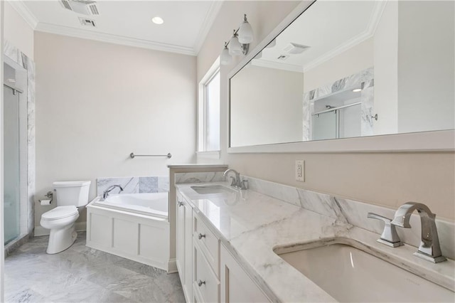 1217 N Starrett Rd, Metairie, LA 70003 - bathroom featuring a shower stall, double vanity, a bath, ornamental molding, and marble finish floors