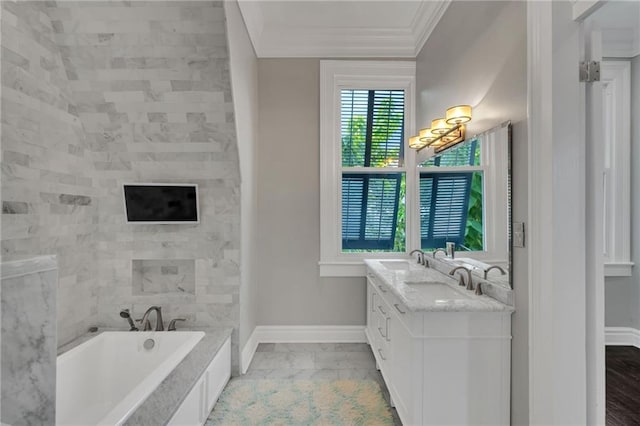 5349 Prytania St, New Orleans, LA 70115 - full bathroom featuring ornamental molding, double vanity, a bath, and marble finish floors