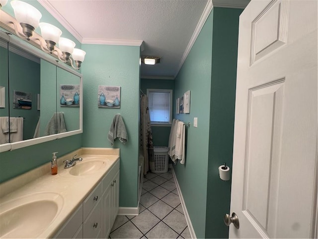 1620 Kent Ave, Metairie, LA 70001 - full bathroom with crown molding, tile patterned flooring, double vanity, a textured ceiling, and curtained shower