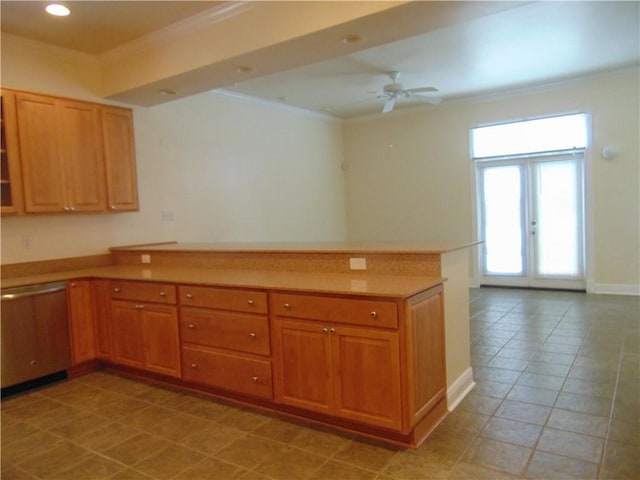 kitchen featuring french doors, ceiling fan, light tile floors, and stainless steel dishwasher