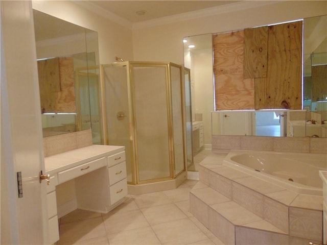 bathroom featuring crown molding, oversized vanity, plus walk in shower, and tile flooring