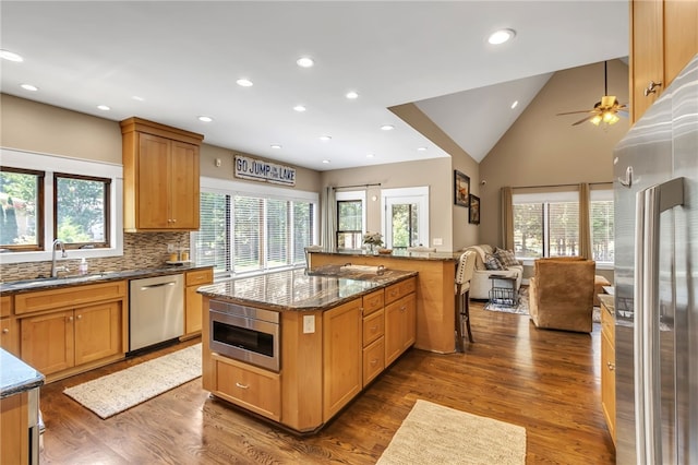 kitchen with dark wood-style floors, appliances with stainless steel finishes, open floor plan, a sink, and dark stone counters