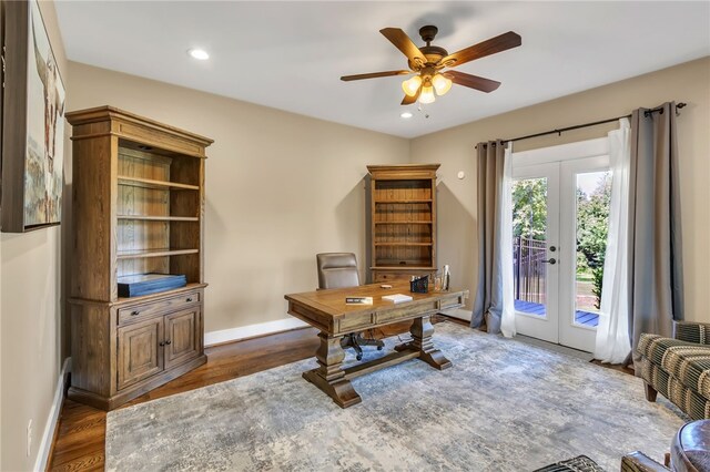 office area with ceiling fan, recessed lighting, wood finished floors, baseboards, and french doors