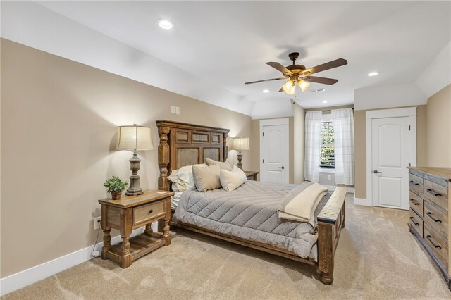 bedroom with recessed lighting, light carpet, visible vents, and baseboards